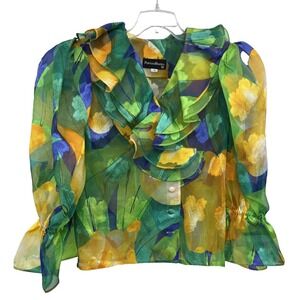 Patricia Rhodes PR Top Size 4 Silk Sheer Ruffle Neck Couture Blue Yellow VTG 80s